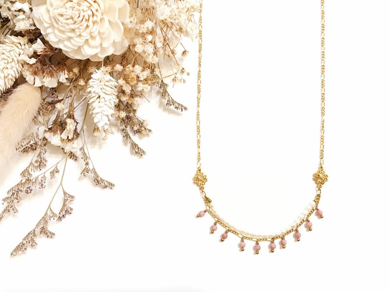 +古典金镶花·珍珠·粉红木化石·镀金色项链+ - 项链 - 宝石 粉红色