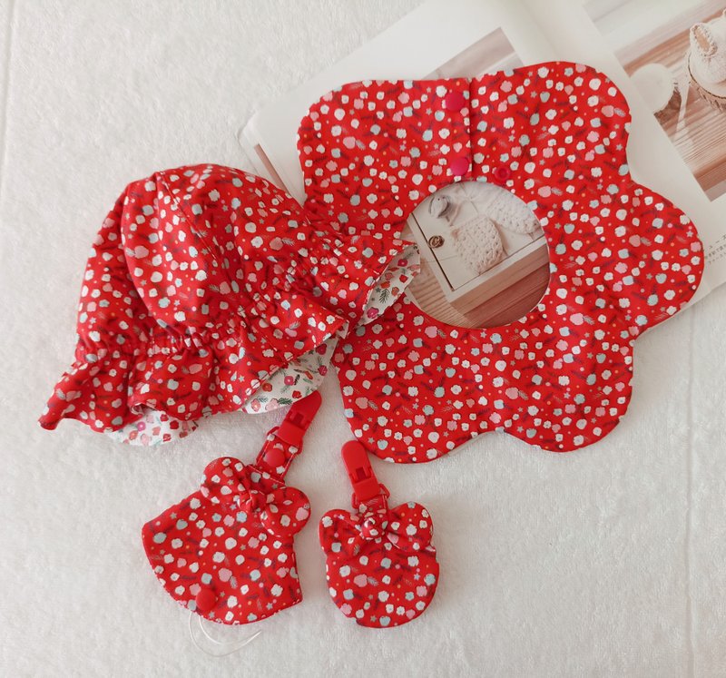 【5日内出货】小红花 弥月礼物 婴儿帽  婴儿围兜 奶嘴夹 平安 - 满月礼盒 - 棉．麻 多色