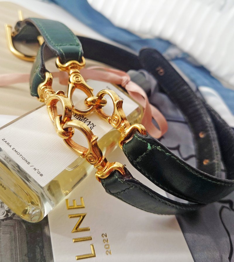中古孤品 真CELINE 金扣链条 绿金 真皮幼腰链腰带皮带 belt 70码 - 皮带/腰带 - 真皮 绿色