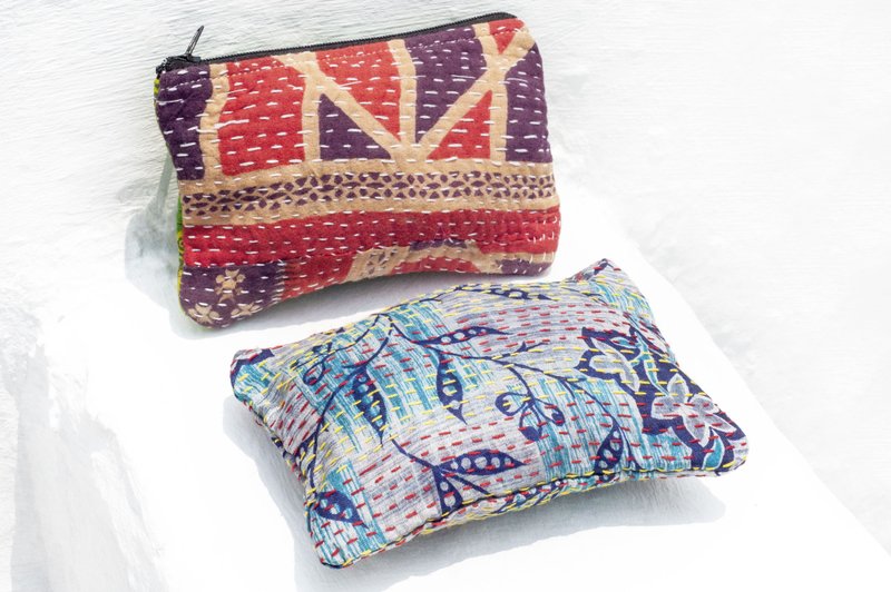 纱丽刺绣零钱包/木刻印收纳包/化妆包/耳机收纳袋-法国花草植物系 - 零钱包 - 棉．麻 多色