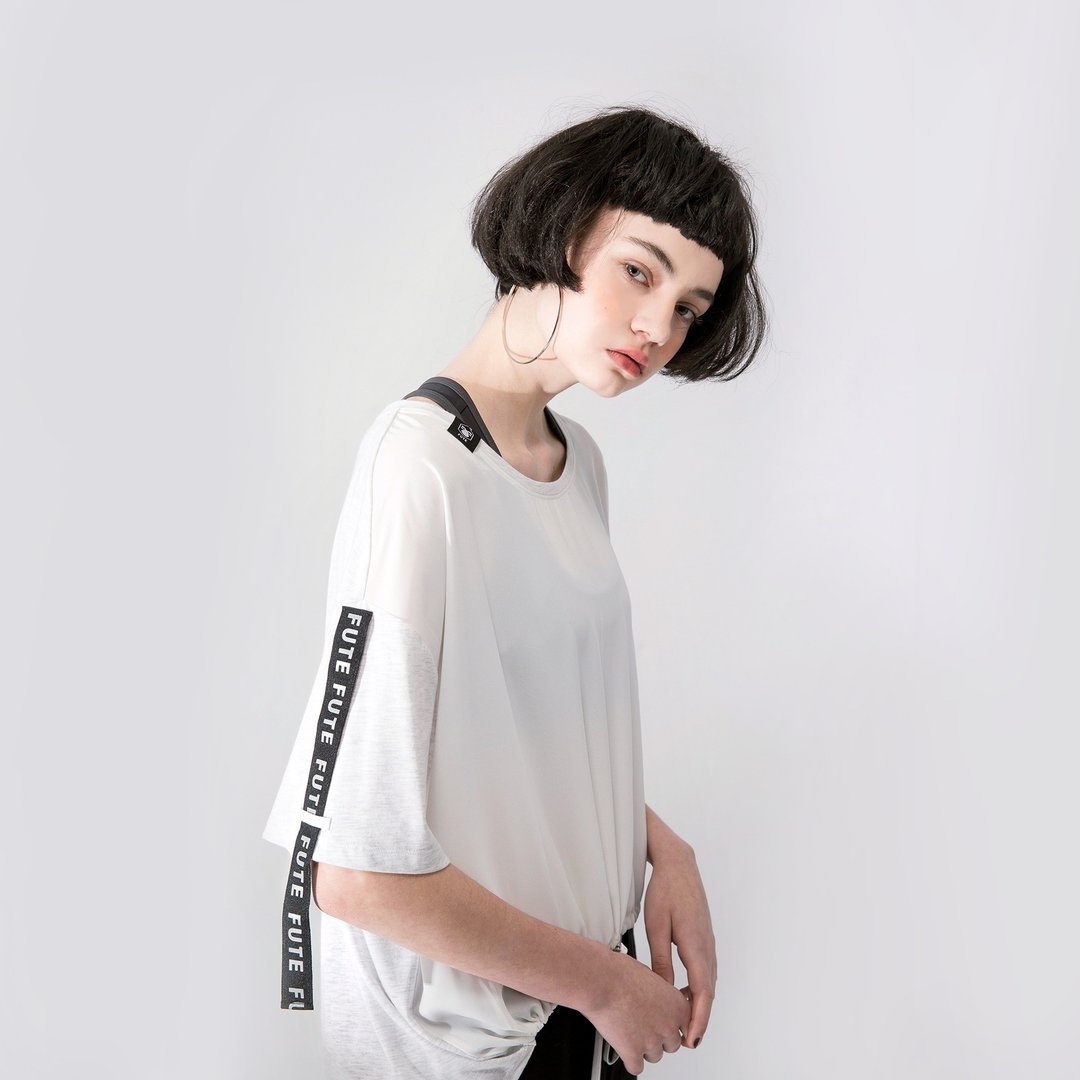女款 宽松显瘦 拼接t-shirt 上衣 / 麻灰白 - 女装上衣 - 棉 白色