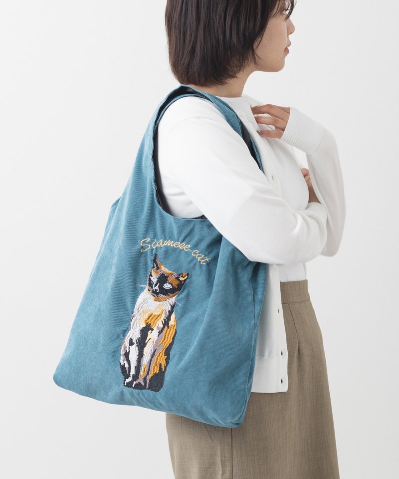 Jubilee 灯芯绒动物刺绣托特包 猫咪款 (蓝色) - 侧背包/斜挎包 - 聚酯纤维 蓝色