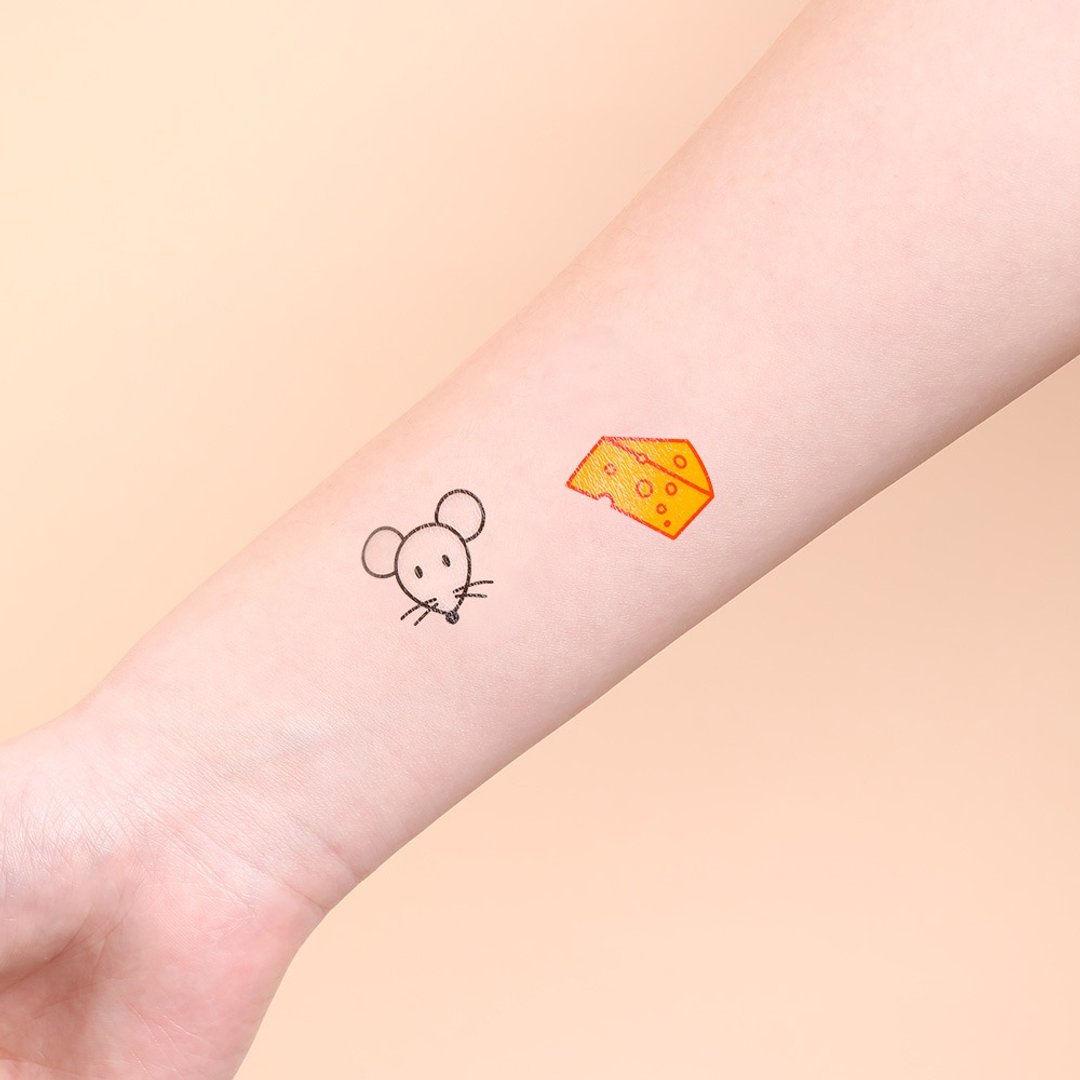 刺青纹身贴纸 - 小鼠 起司 鼠年纹身 Surprise Tattoos 2入 - 纹身贴 - 纸 橘色