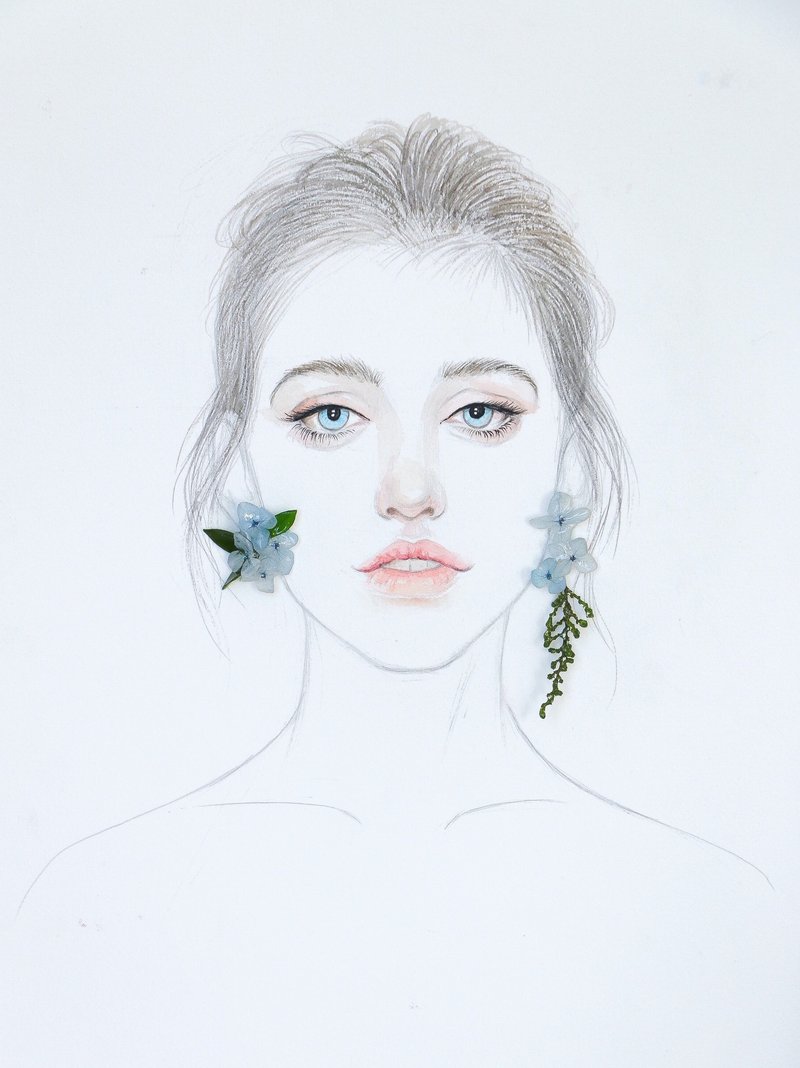 日本进口永生花/绣球花雪枝草耳环/925銀/無痛耳夾 - 耳环/耳夹 - 植物．花 蓝色