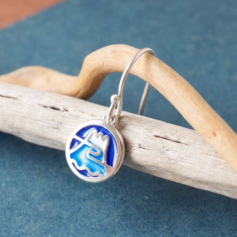 珐琅【富士山】台湾铁窗花・手工 925 纯银珐琅耳环 耳勾 - 耳环/耳夹 - 纯银 银色