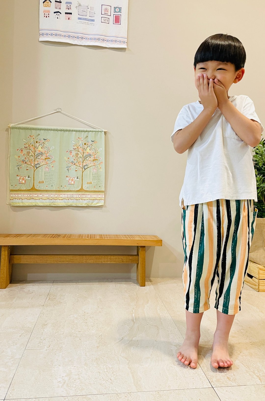 条纹侧口袋哈伦裤 手作长裤  纯棉  幼童  夏季轻薄休闲裤 - 童装裤 - 棉．麻 黄色