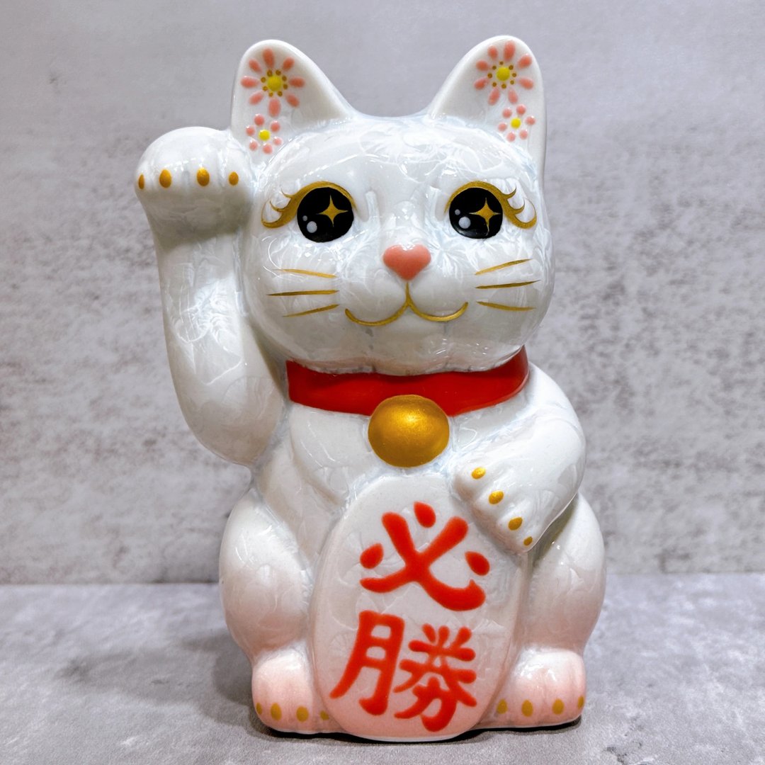 【桃耀必胜】日本清水烧招财猫 | 花结晶 桃白 必胜 右 - 摆饰 - 瓷 白色