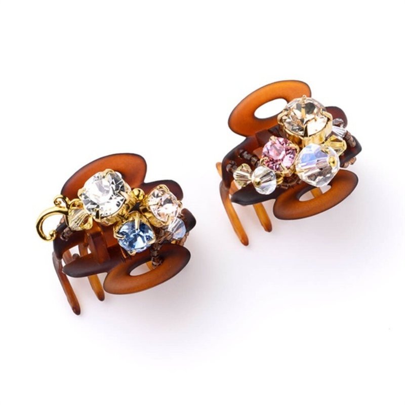 COMPLEX BIZ 水晶 甜心夹 两件组 棕色底 - 发饰 - 水晶 咖啡色