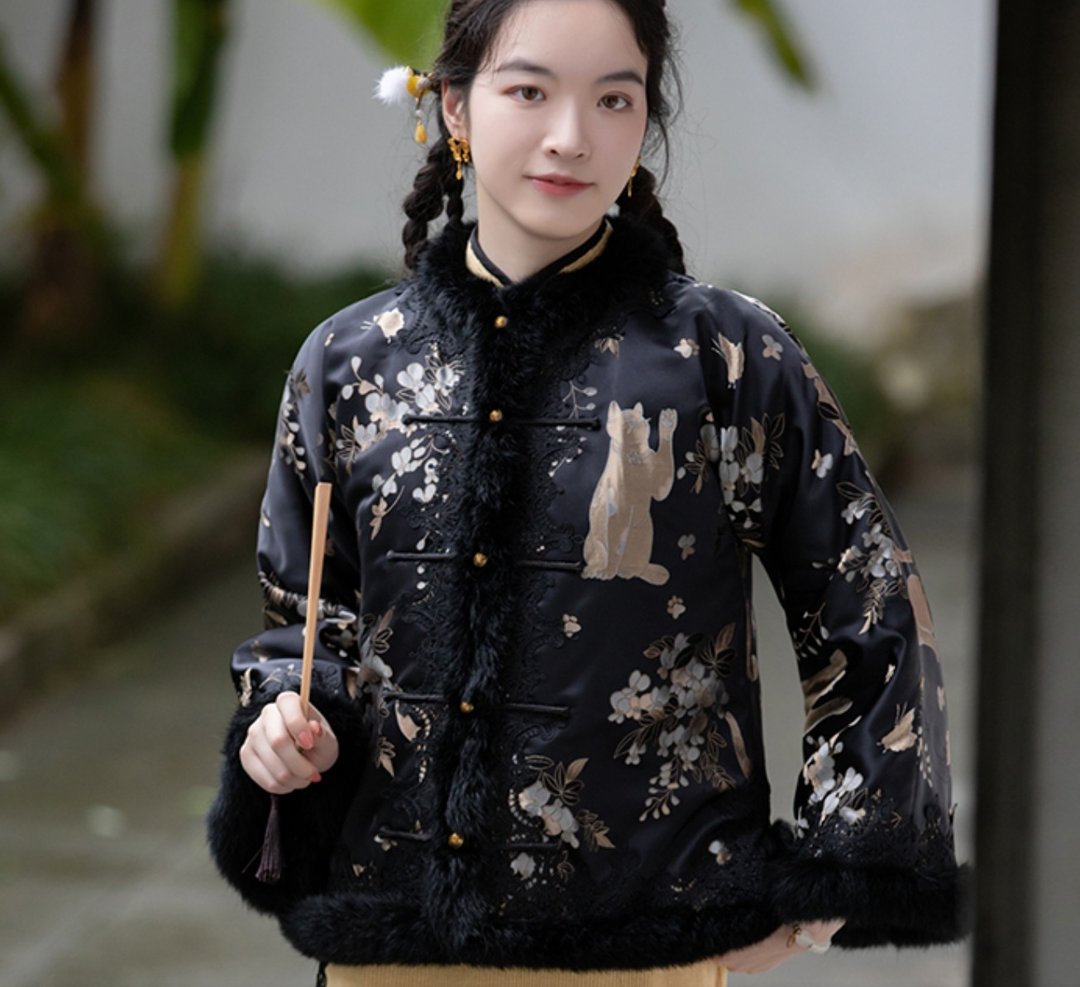 嘿喵小姐 新中式复古  倒大袖高端织锦夹棉兔毛上衣 - 女装上衣 - 其他材质 黑色
