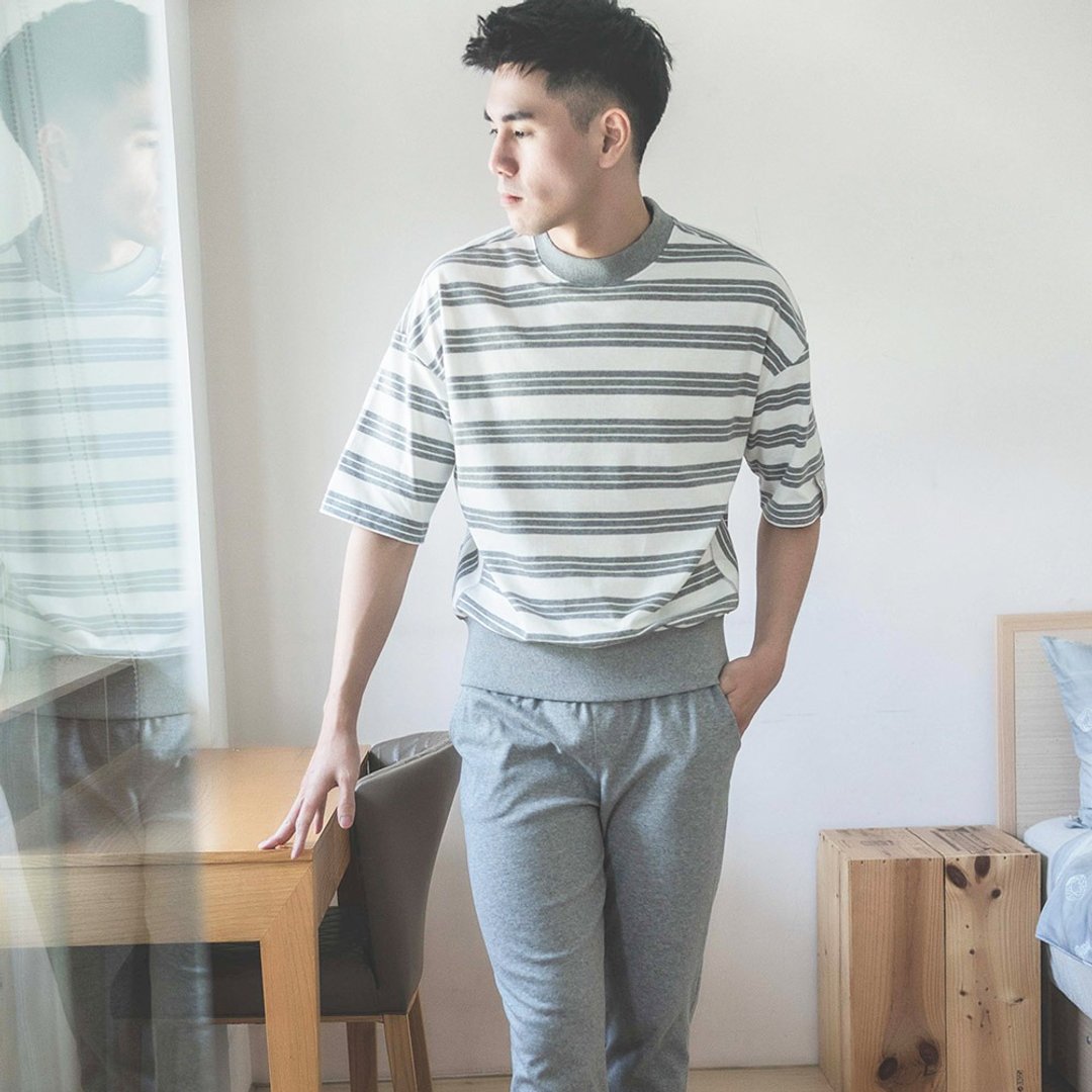 UMORFIL胶原蛋白条纹五分袖男家居服/睡衣/居家服-麻花灰 - 居家服/睡衣 - 棉 灰色