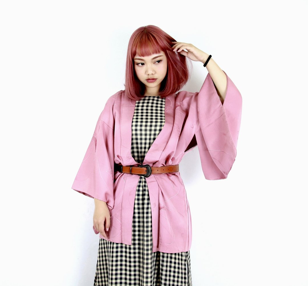 Back to Green-日本带回羽织和服 粉紫 缎带 /vintage kimono - 女装休闲/机能外套 - 丝．绢 