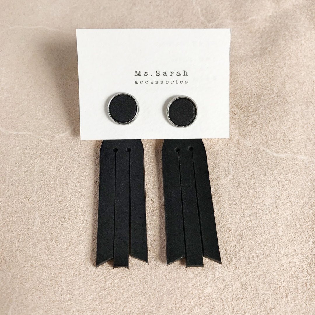 皮革耳环_圆框8号作品#10_流苏款_黑(可改夹) - 耳环/耳夹 - 真皮 黑色