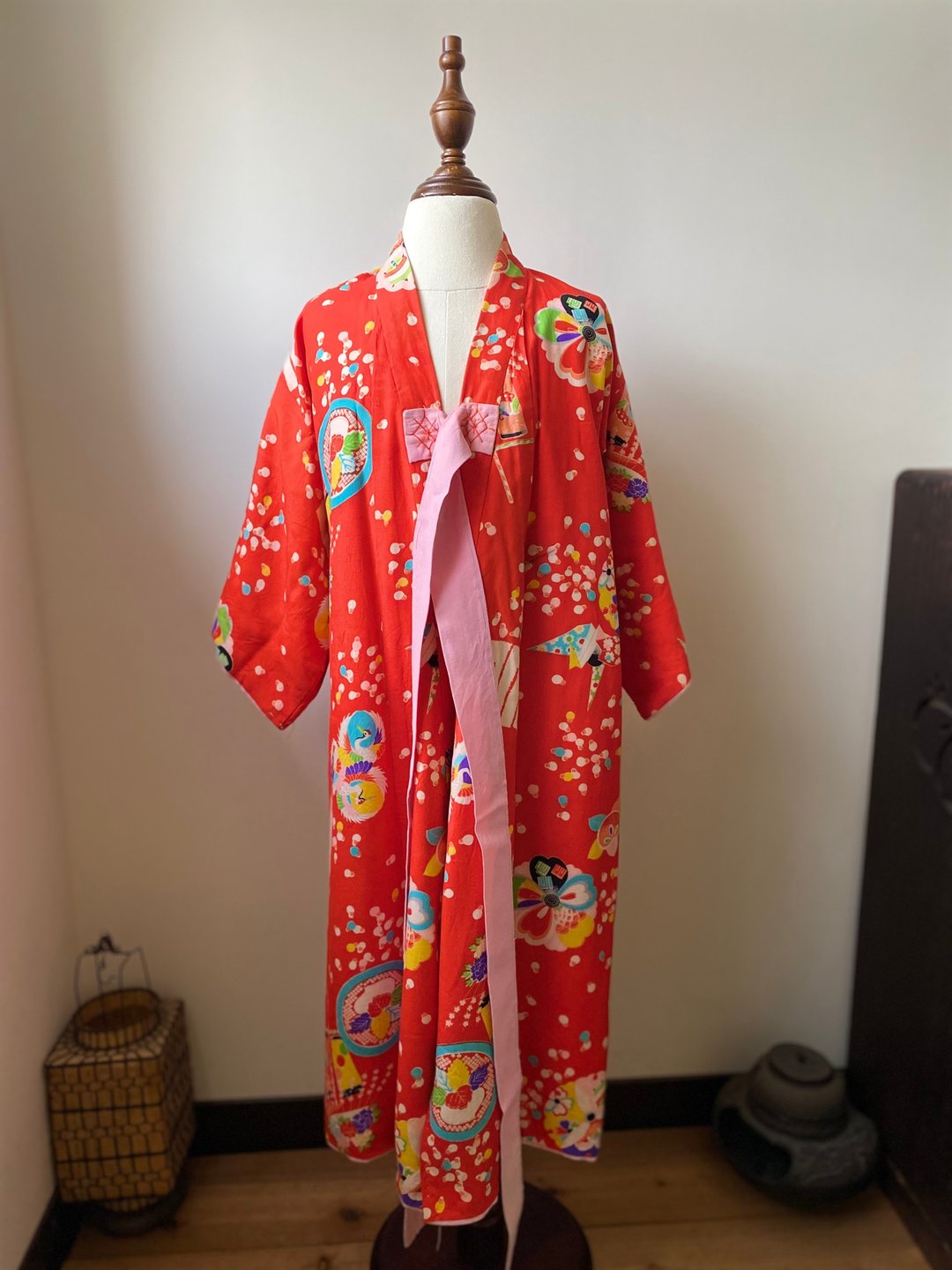 日本女童七五三和服古着长襦袢 - 童装裙 - 棉 红色