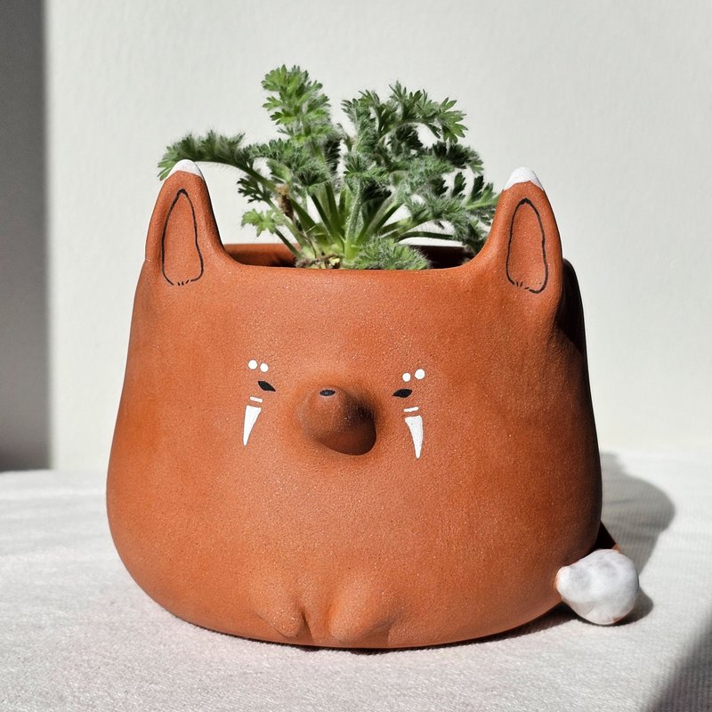 Tribal fox planter. Handmade terracotta pot with drainage. - 花瓶/陶器 - 陶 