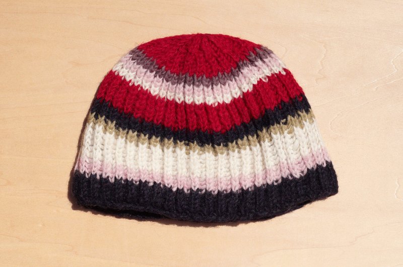 情人节礼物 创意礼物 手织纯羊毛帽 / 针织毛帽 / 内刷毛手织毛帽 / 毛线帽  (made in nepal) - 彩色条纹 - 帽子 - 羊毛 多色