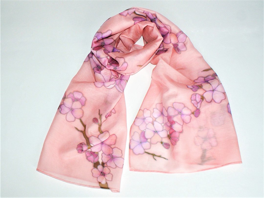 Pink silk cotton scarf Cherry blossom branch scarf Silk scarf hand painted batik - 丝巾 - 丝．绢 粉红色