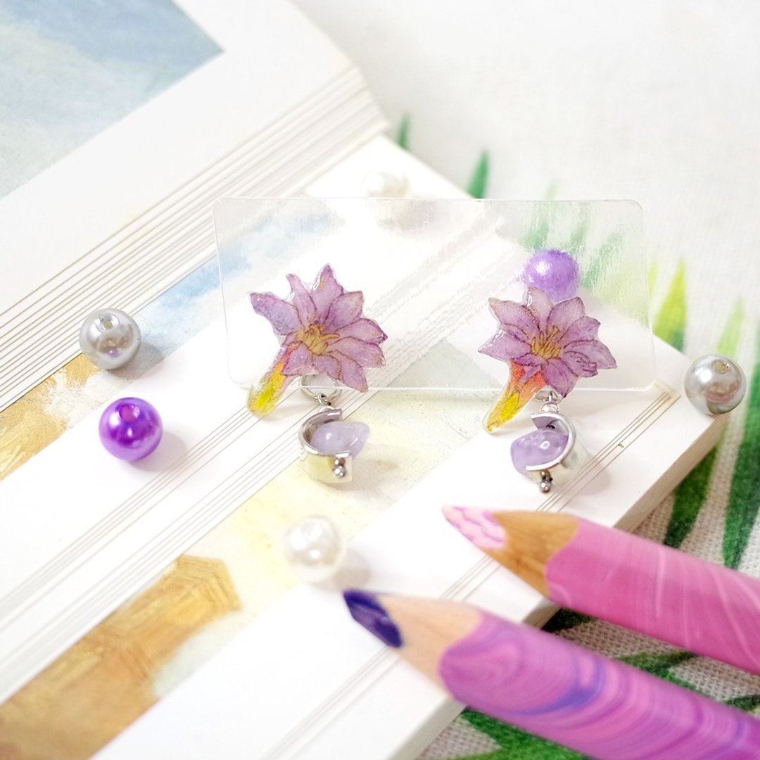 台湾特有种 阿里山龙胆 紫玉髓 耳环 耳针/耳夹 - 耳环/耳夹 - 防水材质 紫色