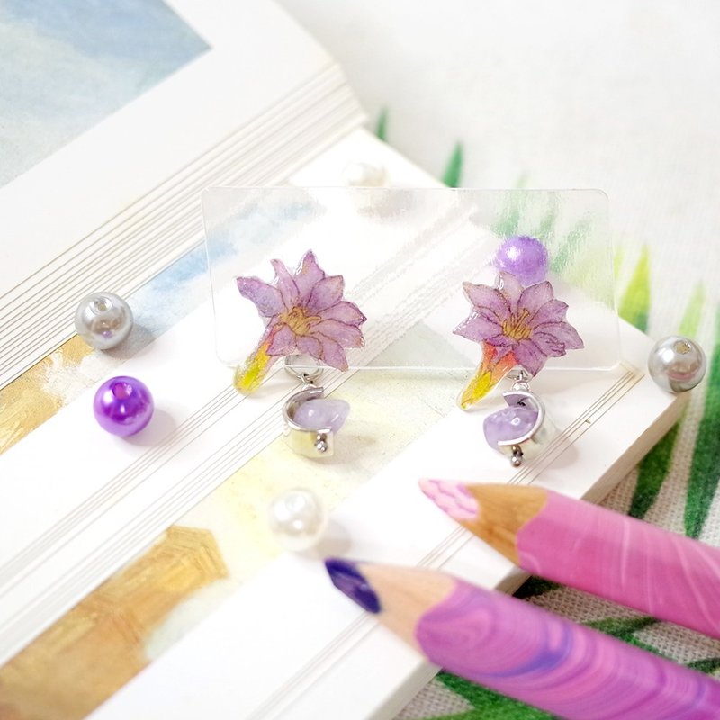 台湾特有种 阿里山龙胆 紫玉髓 耳环 耳针/耳夹 - 耳环/耳夹 - 防水材质 紫色