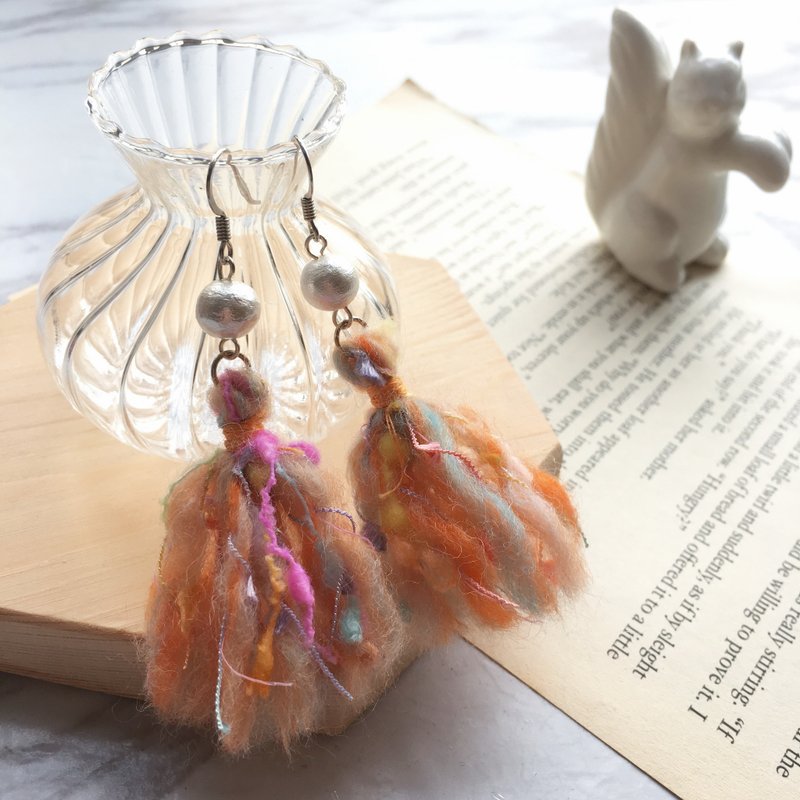 柳橙系 手纺线 流苏耳环 纯银 - 耳环/耳夹 - 羊毛 橘色