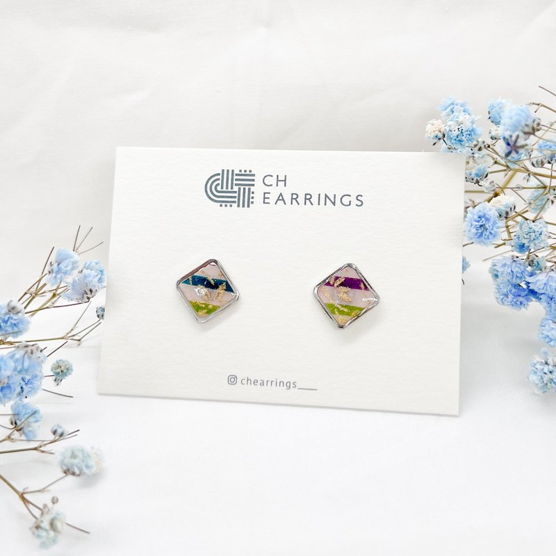 Chearrings | 日本和纸 树脂 方形耳钉 - 耳环/耳夹 - 纸 粉红色