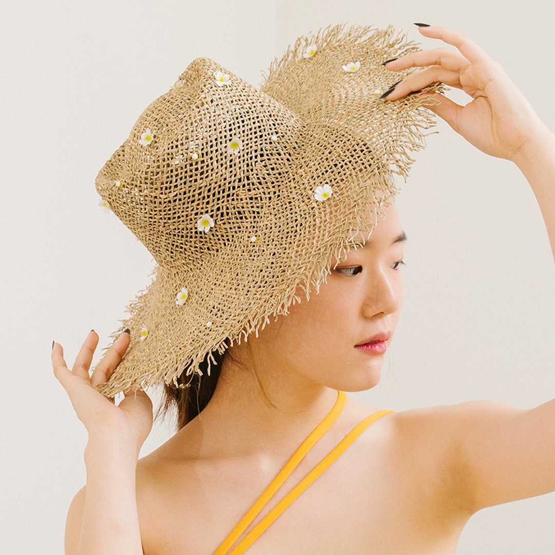Raffia Beach Hat (Little Daisy) (CRB20) - 帽子 - 其他材质 卡其色