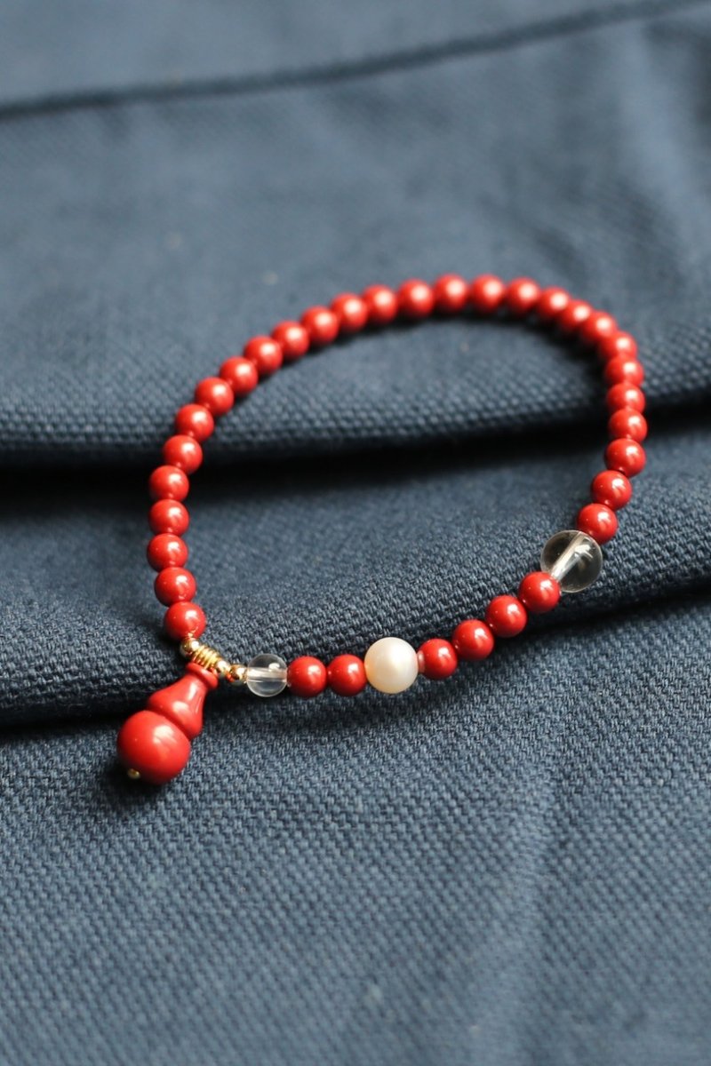 春秋手作 | 高含量朱砂 | 4mm帝王砂 葫芦 珍珠 | 细款 开运 - 手链/手环 - 半宝石 红色