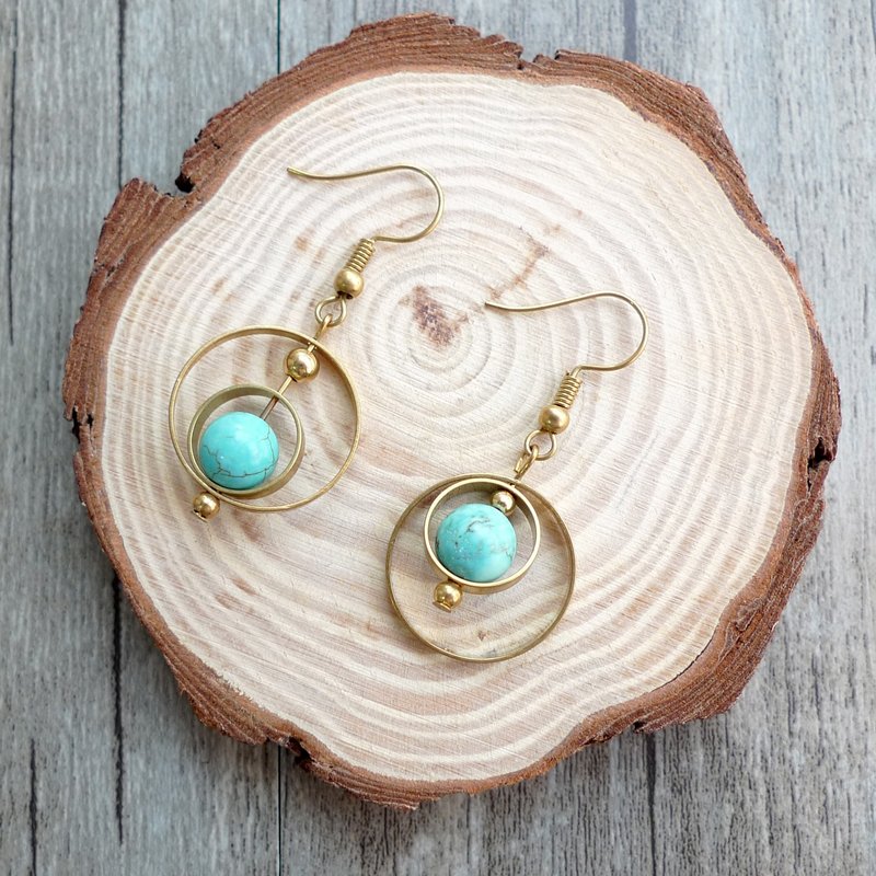 Misssheep-BN15-天然矿石系列-黄铜绿松石耳环 (耳勾/ 耳夹) - 耳环/耳夹 - 其他金属 