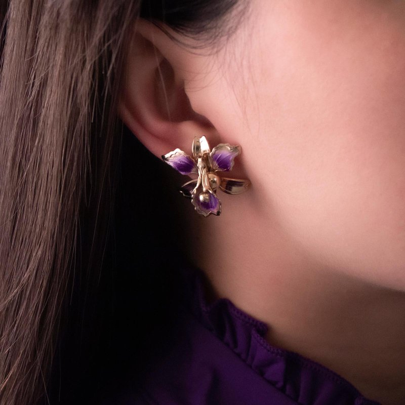 美国古董 彩绘渐层紫立体兰花 淡金色耳栓 - 耳环/耳夹 - 其他金属 紫色