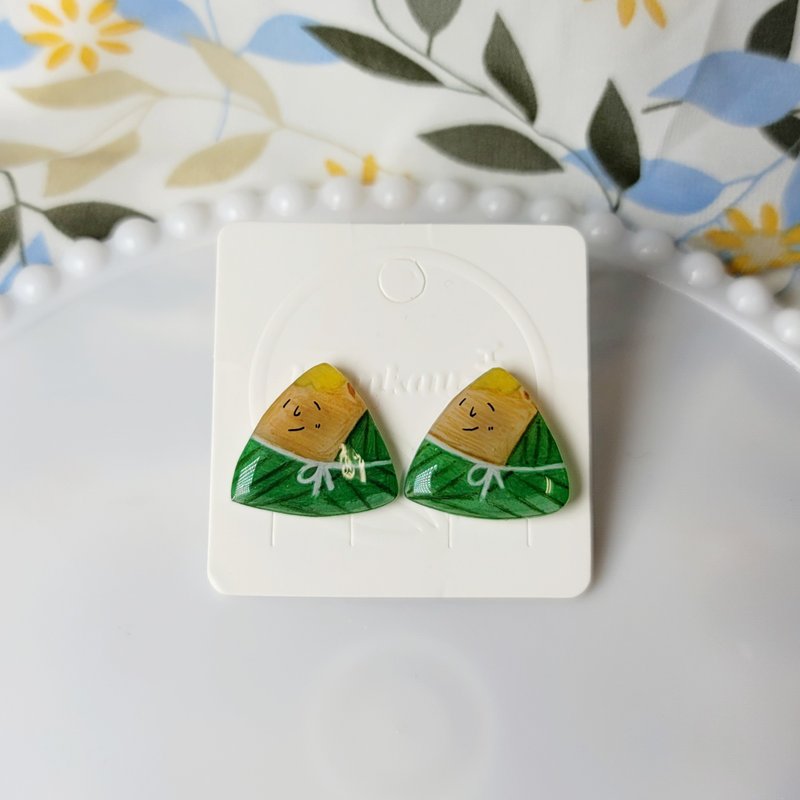 端午粽子礼盒 南部粽 手绘热缩片 耳环 - 耳环/耳夹 - 不锈钢 多色