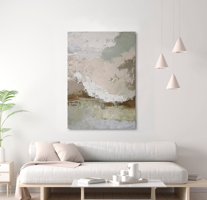 抽象米色灰绿色帆布画 | 米色抽象 | Biege Fjord 2 - 墙贴/壁贴 - 棉．麻 绿色