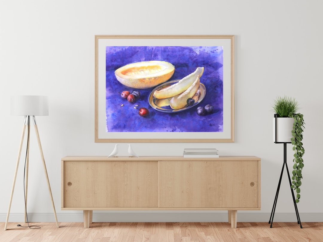 Melon still life original watercolor handmade painting by artist Irina Zhunaeva - 墙贴/壁贴 - 纸 多色