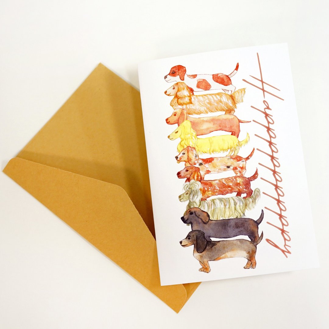 【肠仔狗】水彩插画 Happy 祝贺卡连信封 可爱 腊肠狗 犬 狗勾 - 卡片/明信片 - 纸 橘色