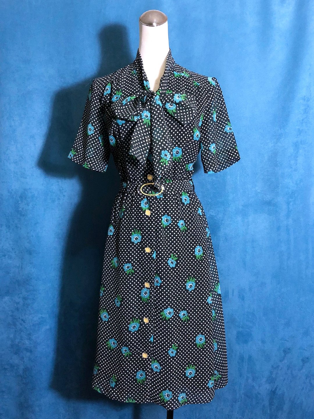 点点花朵腰带短袖古着洋装/ 国外带回 VINTAGE - 洋装/连衣裙 - 聚酯纤维 黑色