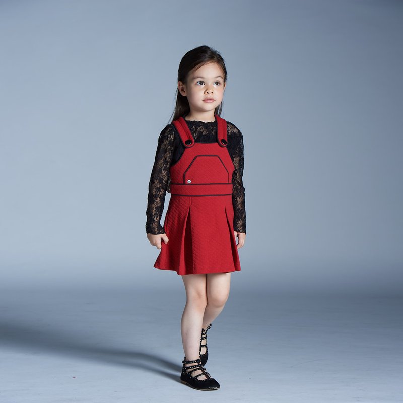 温蒂菱格纹背带裙 - 童装裙 - 棉．麻 红色