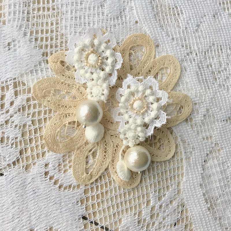 Jt Corner 原创 纯白小清新 小白菊菓子棉珠蕾丝耳环 耳夹 耳针 - 耳环/耳夹 - 绣线 白色