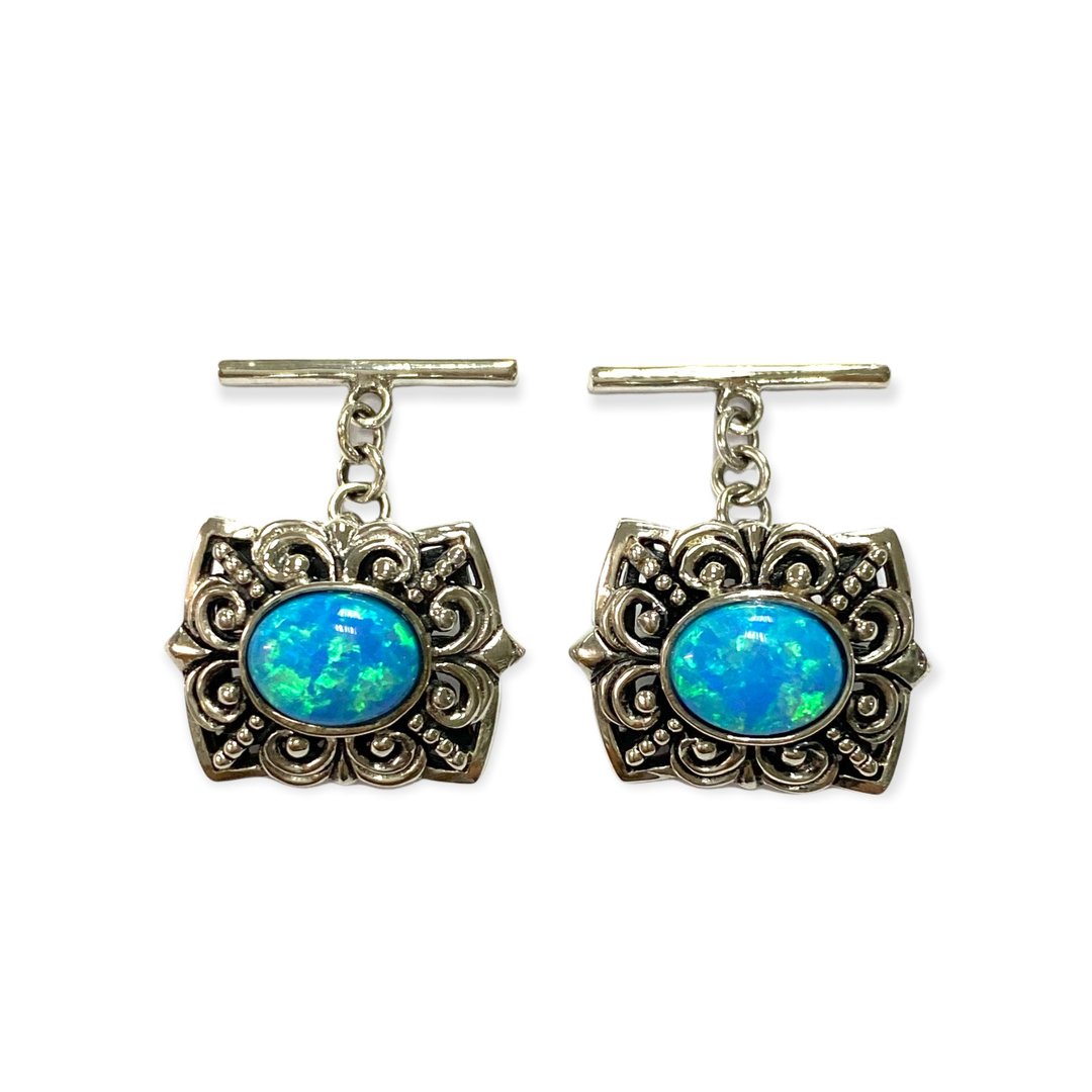 Victorian Style Blue Gilson Opal Wedding Cufflinks For Groom 925 Sterling Silver - 袖扣 - 纯银 蓝色