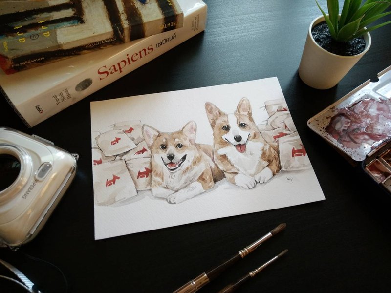 pet portrait, Customize Watercolor painting , Custom Portrait , Cartoon Style - 订制画像 - 纸 