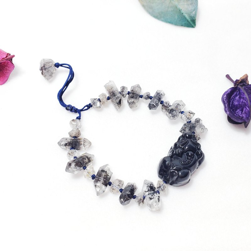 赫基蒙闪灵钻 黑曜石 貔貅 智慧 招财 事业 领袖 手链 单品 礼物 - 手链/手环 - 宝石 黑色