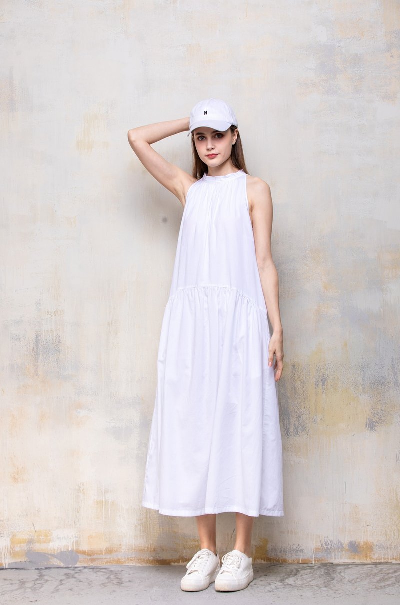 法国纯棉度假风露肩挂脖白色无袖连衣裙 - 洋装/连衣裙 - 其他材质 白色