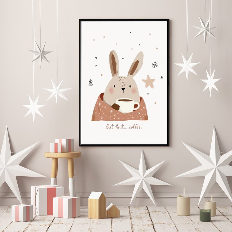 暖冬里的小兔子-圣诞插画/圣诞树装饰挂画/圣诞小物/圣诞交换礼物 - 海报/装饰画/版画 - 棉．麻 卡其色