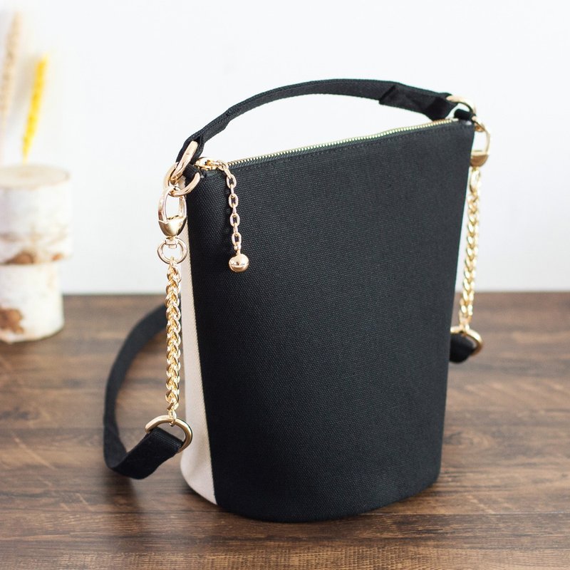 【春特惠】帆布圆底桶包 拼色GEMINI系列 链条包 3色可选 - 侧背包/斜挎包 - 棉．麻 黑色