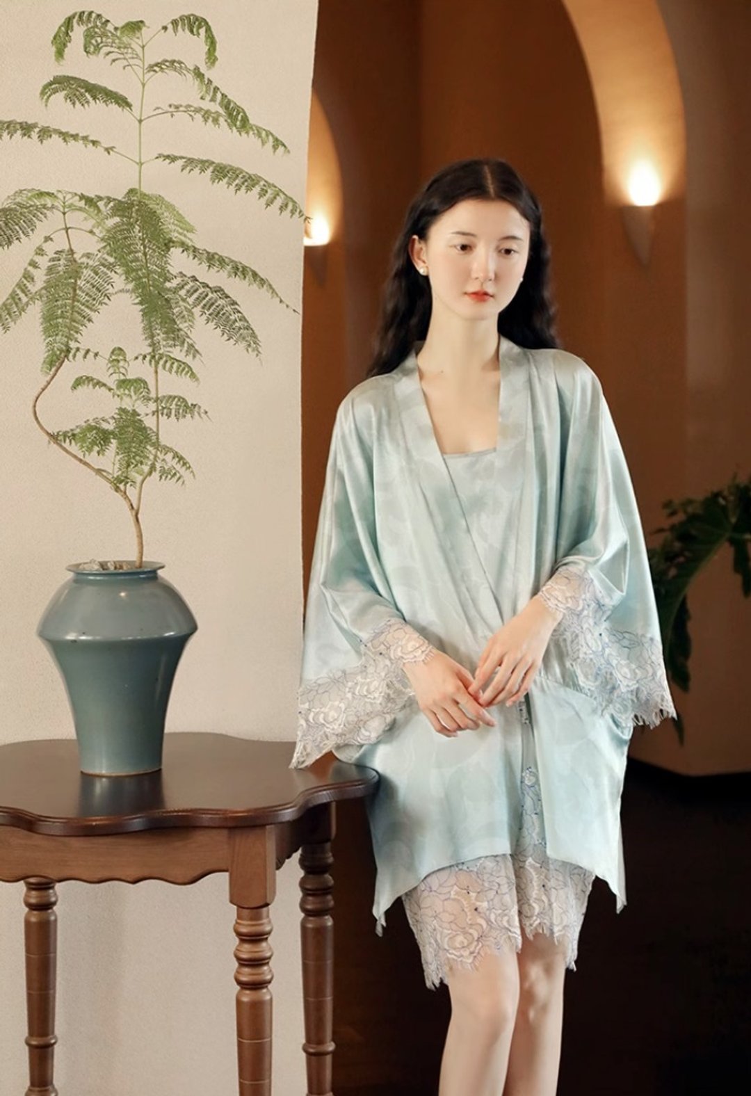 新中式复古 真丝法式蕾丝睡袍 睡裙套装 - 居家服/睡衣 - 其他材质 