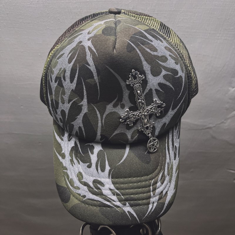 cybersigilism赛博符印主义图腾手绘DIY五金加工迷彩网帽卡车司机 - 帽子 - 尼龙 咖啡色