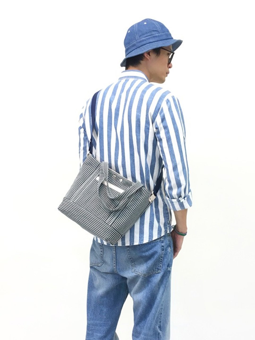 STRIPE-手做皮革条纹丹宁帆布手提/斜侧背/平板电脑包 - 侧背包/斜挎包 - 棉 蓝色