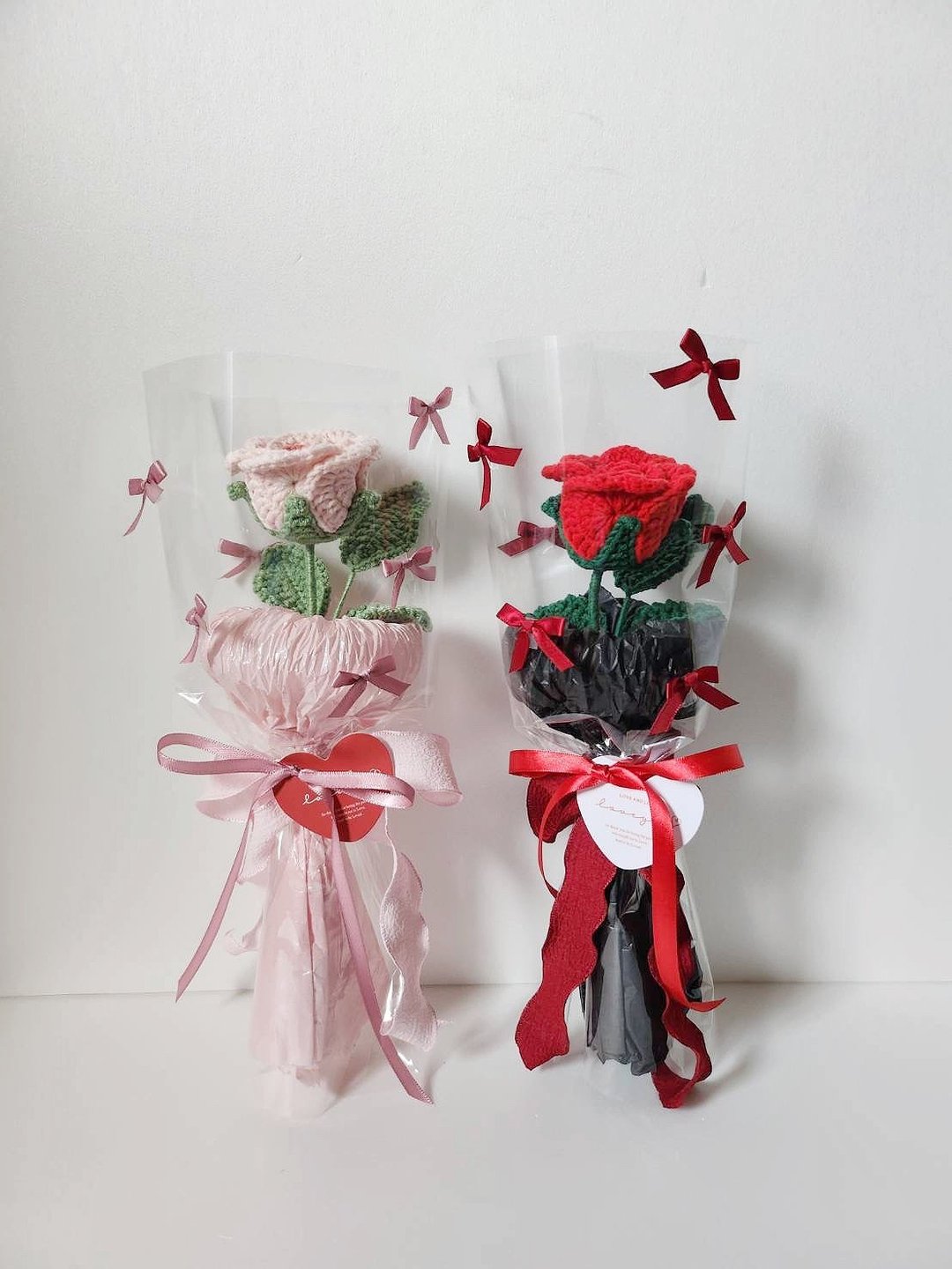 【节日花束】针织蔷薇花束 Y2K蝴蝶结 情人节 七夕花束 - 干燥花/捧花 - 棉 红色