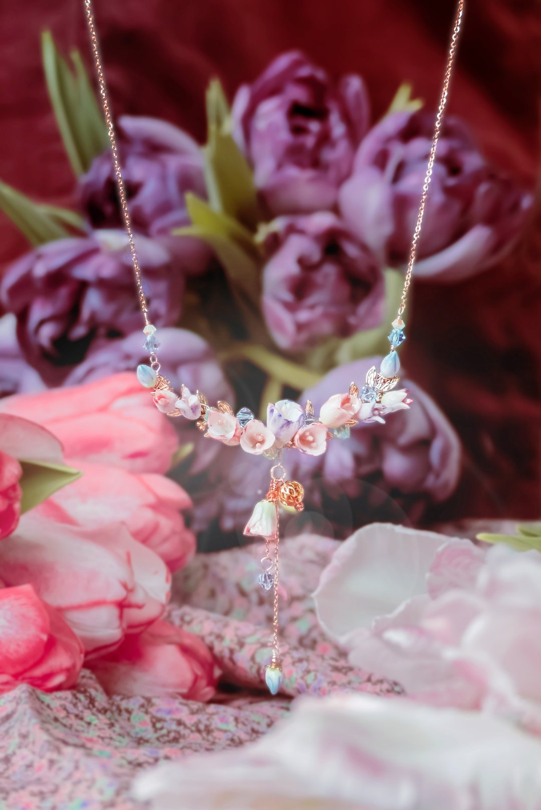 ZODIAC: 双鱼 X 郁金香 / 闪跃郁金香花束925银镀玫瑰金项链 - 项链 - 水晶 粉红色