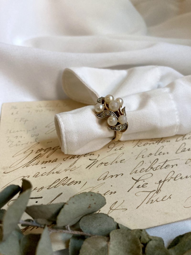 1970s AVON美国古董珍珠莱茵石花草束戒指(14号) - 戒指 - 珍珠 