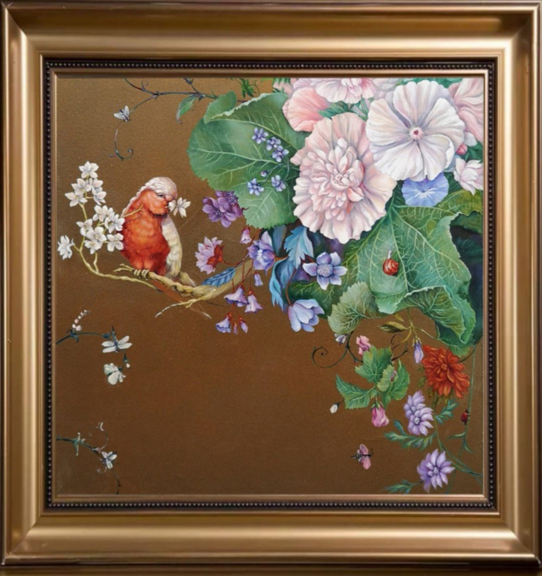 Parrot in Flowers Oil Painting Original Art on Canvas 70x70 - 海报/装饰画/版画 - 棉 