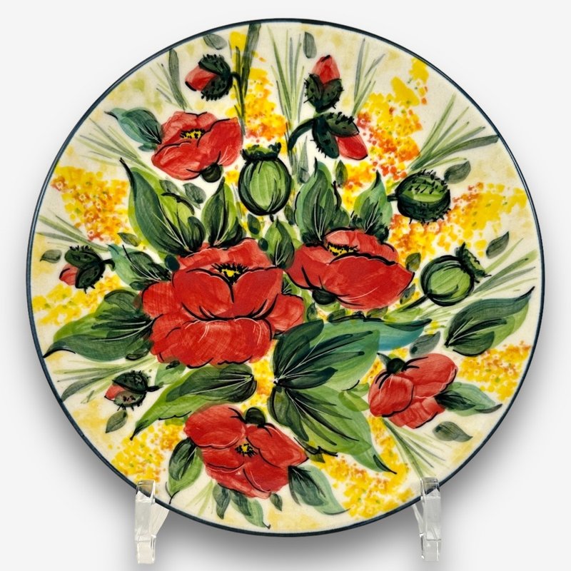 波兰手绘手工陶-圆盘 19cm 红色山茶花系列 设计师款 - 盘子/餐盘/盘架 - 陶 红色