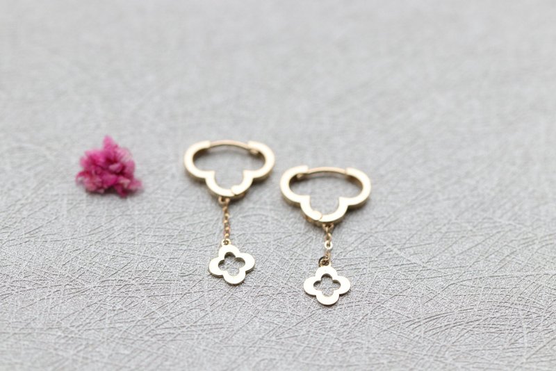 14K 四叶垂坠金耳扣耳环 - 耳环/耳夹 - 贵金属 金色